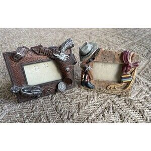 2 Western Cowboy Picture Frame Lot Rope Saddle Boot Revolver Rustic Ranch Decor